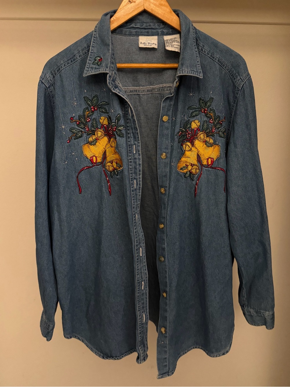 Vintage Bobbie Brooks Plus Size 18W/20W Christmas Denim Shirt Embroidered Bells